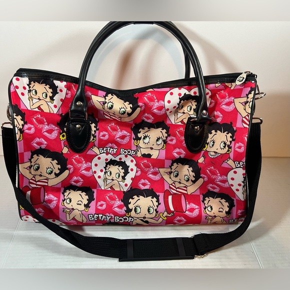 Betty Boop Duffle Bag Women Shoulder Canvas Travel Overnight Kisses Lips - Picture 1 of 16